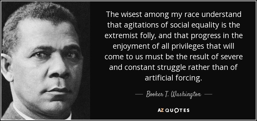 The wisest among my race understand that agitations of social equality is the extremist folly, and that progress in the enjoyment of all privileges that will come to us must be the result of severe and constant struggle rather than of artificial forcing. - Booker T. Washington