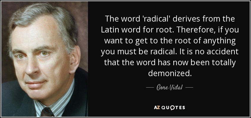 The word 'radical' derives from the Latin word for root. Therefore, if you want to get to the root of anything you must be radical. It is no accident that the word has now been totally demonized. - Gore Vidal