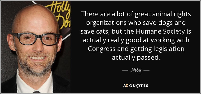 There are a lot of great animal rights organizations who save dogs and save cats, but the Humane Society is actually really good at working with Congress and getting legislation actually passed. - Moby