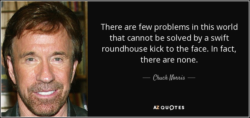 There are few problems in this world that cannot be solved by a swift roundhouse kick to the face. In fact, there are none. - Chuck Norris