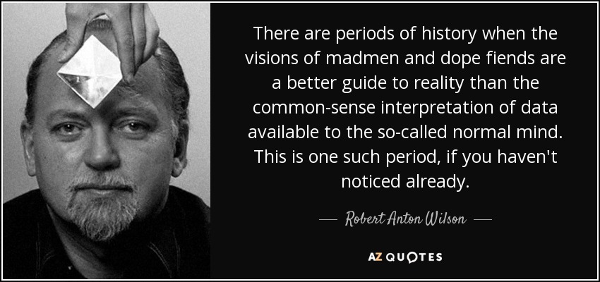 There are periods of history when the visions of madmen and dope fiends are a better guide to reality than the common-sense interpretation of data available to the so-called normal mind. This is one such period, if you haven't noticed already. - Robert Anton Wilson