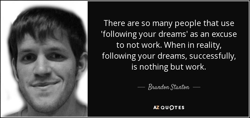 There are so many people that use 'following your dreams' as an excuse to not work. When in reality, following your dreams, successfully, is nothing but work. - Brandon Stanton