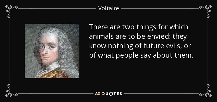 There are two things for which animals are to be envied: they know nothing of future evils, or of what people say about them. - Voltaire