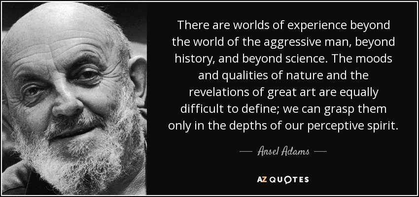 There are worlds of experience beyond the world of the aggressive man, beyond history, and beyond science. The moods and qualities of nature and the revelations of great art are equally difficult to define; we can grasp them only in the depths of our perceptive spirit. - Ansel Adams