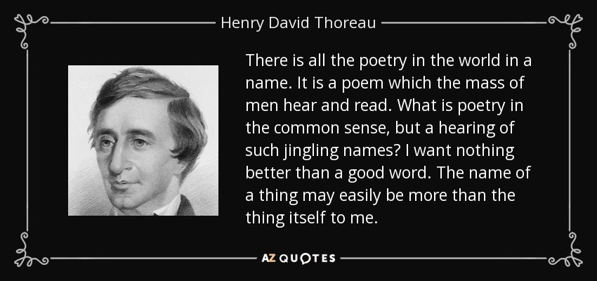 There is all the poetry in the world in a name. It is a poem which the mass of men hear and read. What is poetry in the common sense, but a hearing of such jingling names? I want nothing better than a good word. The name of a thing may easily be more than the thing itself to me. - Henry David Thoreau