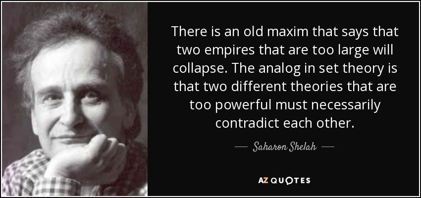 There is an old maxim that says that two empires that are too large will collapse. The analog in set theory is that two different theories that are too powerful must necessarily contradict each other. - Saharon Shelah