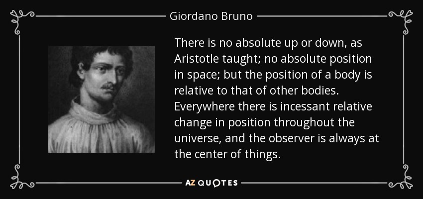 There is no absolute up or down, as Aristotle taught; no absolute position in space; but the position of a body is relative to that of other bodies. Everywhere there is incessant relative change in position throughout the universe, and the observer is always at the center of things. - Giordano Bruno