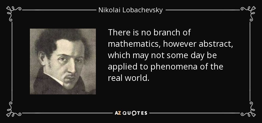 There is no branch of mathematics, however abstract, which may not some day be applied to phenomena of the real world. - Nikolai Lobachevsky