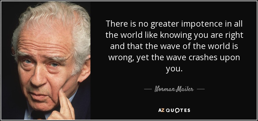 There is no greater impotence in all the world like knowing you are right and that the wave of the world is wrong, yet the wave crashes upon you. - Norman Mailer
