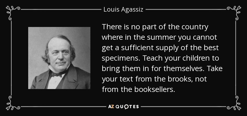 There is no part of the country where in the summer you cannot get a sufficient supply of the best specimens. Teach your children to bring them in for themselves. Take your text from the brooks, not from the booksellers. - Louis Agassiz
