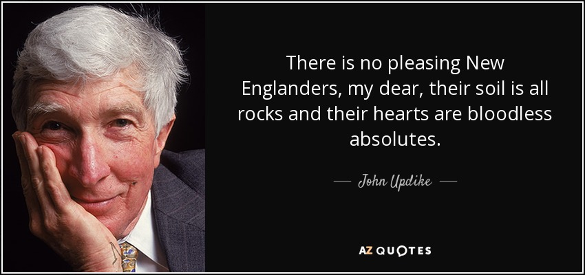 There is no pleasing New Englanders, my dear, their soil is all rocks and their hearts are bloodless absolutes. - John Updike