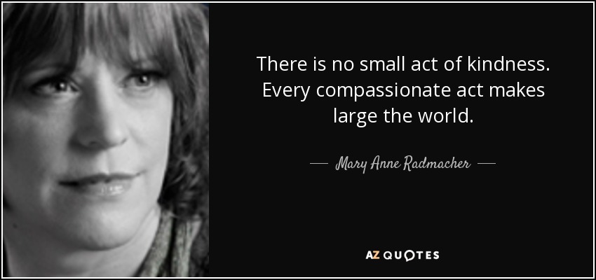 There is no small act of kindness. Every compassionate act makes large the world. - Mary Anne Radmacher