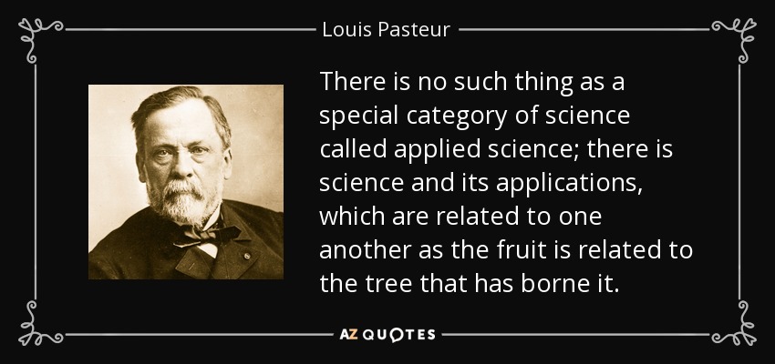 There is no such thing as a special category of science called applied science; there is science and its applications, which are related to one another as the fruit is related to the tree that has borne it. - Louis Pasteur