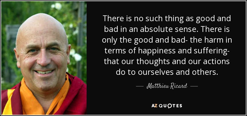 There is no such thing as good and bad in an absolute sense. There is only the good and bad- the harm in terms of happiness and suffering- that our thoughts and our actions do to ourselves and others. - Matthieu Ricard