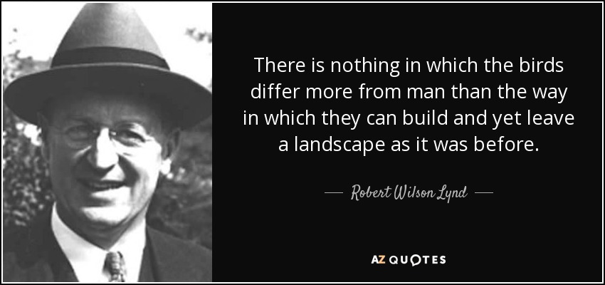 There is nothing in which the birds differ more from man than the way in which they can build and yet leave a landscape as it was before. - Robert Wilson Lynd