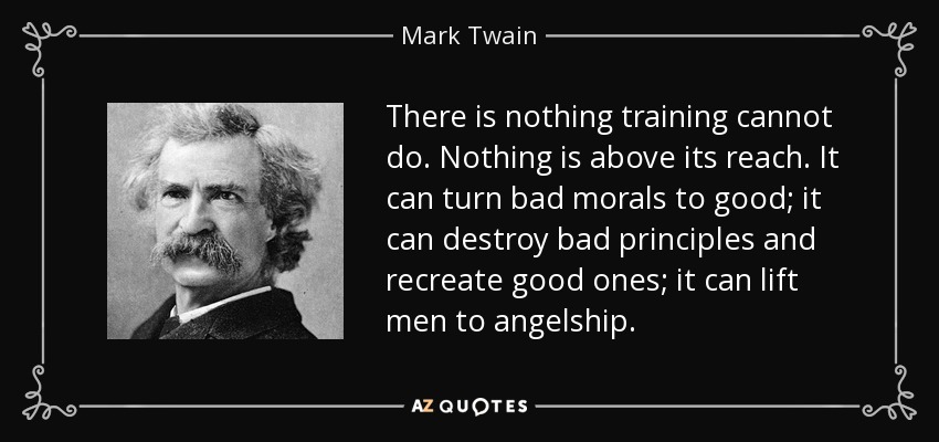 There is nothing training cannot do. Nothing is above its reach. It can turn bad morals to good; it can destroy bad principles and recreate good ones; it can lift men to angelship. - Mark Twain