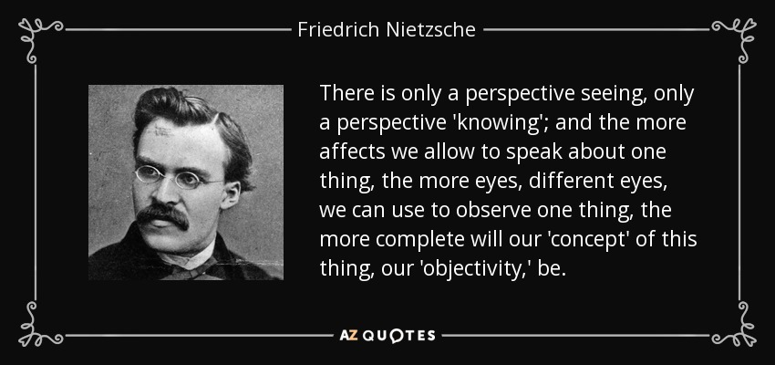 There is only a perspective seeing, only a perspective 'knowing'; and the more affects we allow to speak about one thing, the more eyes, different eyes, we can use to observe one thing, the more complete will our 'concept' of this thing, our 'objectivity,' be. - Friedrich Nietzsche