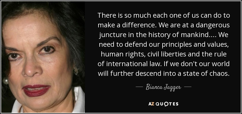 There is so much each one of us can do to make a difference. We are at a dangerous juncture in the history of mankind. ... We need to defend our principles and values, human rights, civil liberties and the rule of international law. If we don't our world will further descend into a state of chaos. - Bianca Jagger