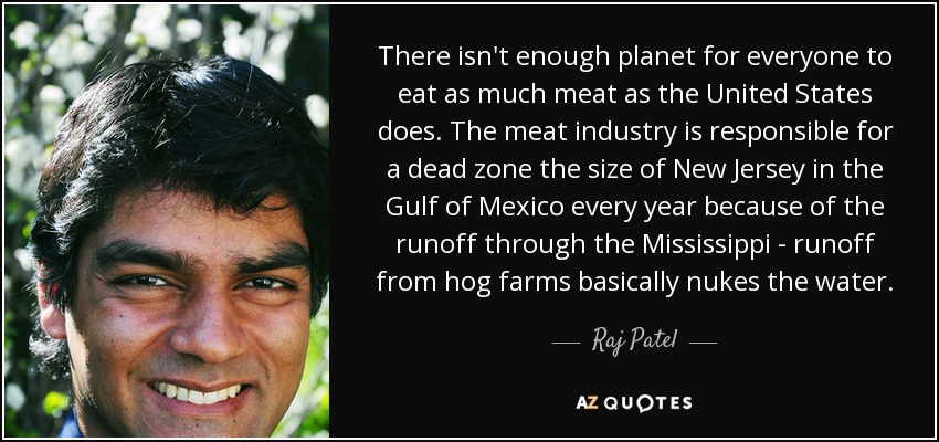 There isn't enough planet for everyone to eat as much meat as the United States does. The meat industry is responsible for a dead zone the size of New Jersey in the Gulf of Mexico every year because of the runoff through the Mississippi - runoff from hog farms basically nukes the water. - Raj Patel