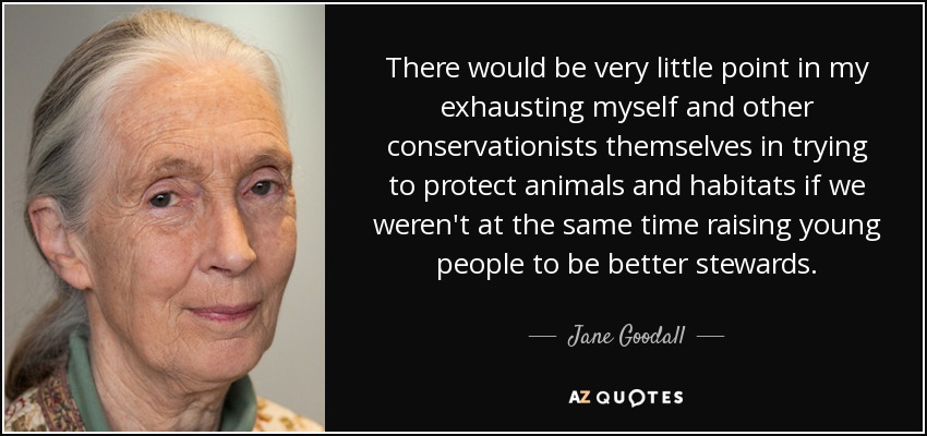 There would be very little point in my exhausting myself and other conservationists themselves in trying to protect animals and habitats if we weren't at the same time raising young people to be better stewards. - Jane Goodall