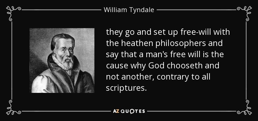 they go and set up free-will with the heathen philosophers and say that a man's free will is the cause why God chooseth and not another, contrary to all scriptures. - William Tyndale