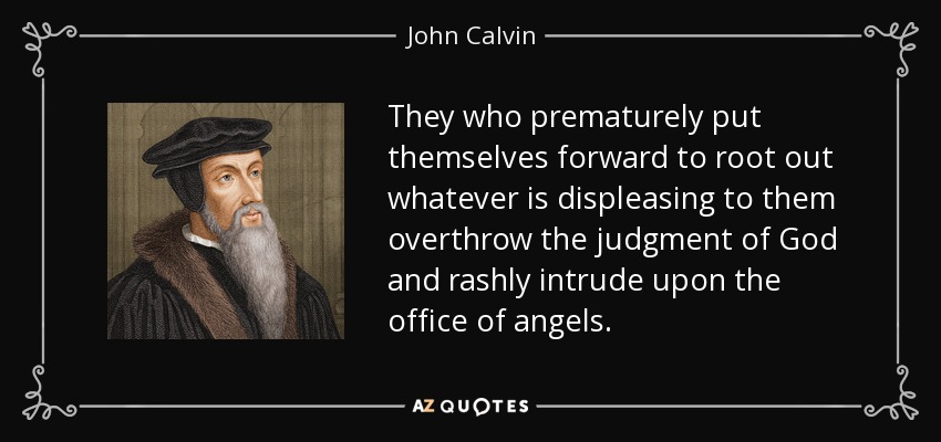 They who prematurely put themselves forward to root out whatever is displeasing to them overthrow the judgment of God and rashly intrude upon the office of angels. - John Calvin