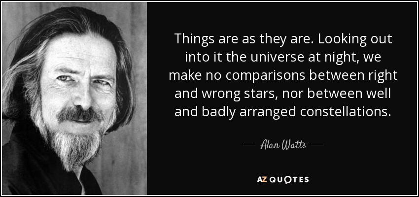Things are as they are. Looking out into it the universe at night, we make no comparisons between right and wrong stars, nor between well and badly arranged constellations. - Alan Watts