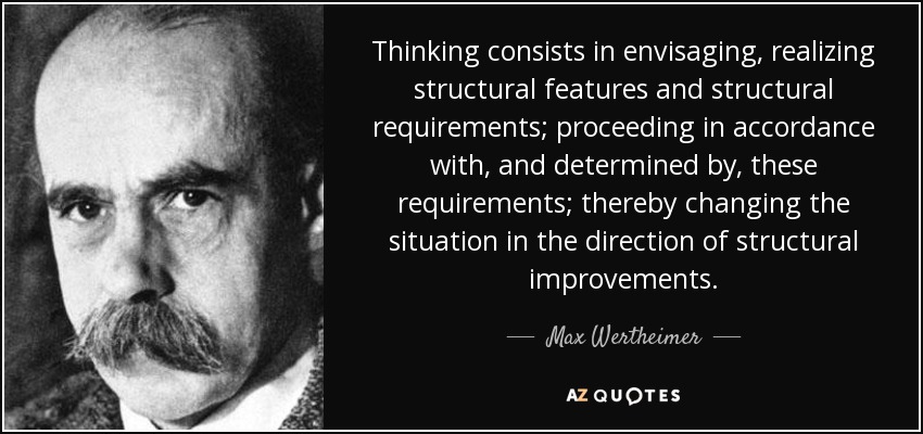 Thinking consists in envisaging, realizing structural features and structural requirements; proceeding in accordance with, and determined by, these requirements; thereby changing the situation in the direction of structural improvements. - Max Wertheimer