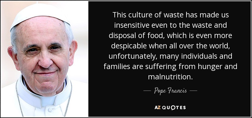 This culture of waste has made us insensitive even to the waste and disposal of food, which is even more despicable when all over the world, unfortunately, many individuals and families are suffering from hunger and malnutrition. - Pope Francis