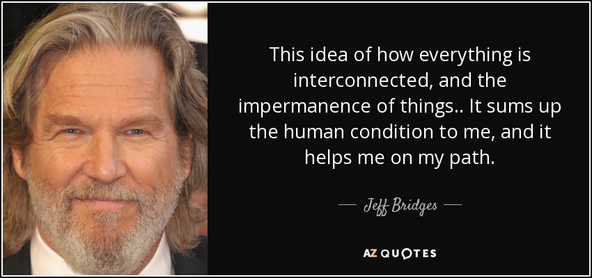This idea of how everything is interconnected, and the impermanence of things.. It sums up the human condition to me, and it helps me on my path. - Jeff Bridges