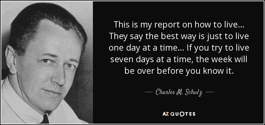 This is my report on how to live... They say the best way is just to live one day at a time... If you try to live seven days at a time, the week will be over before you know it. - Charles M. Schulz