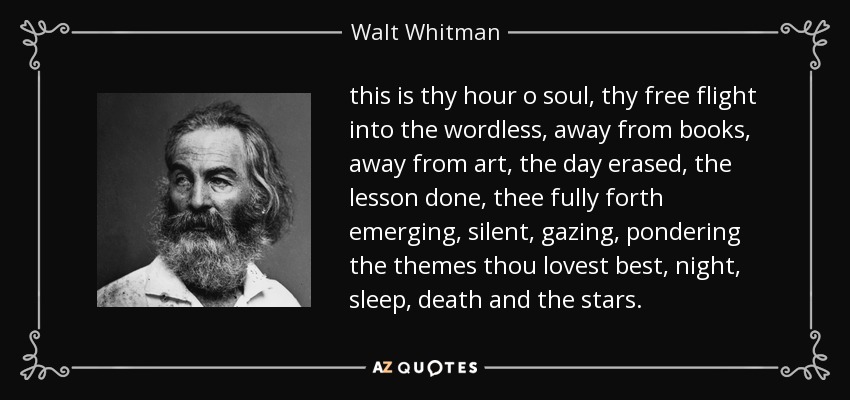 this is thy hour o soul, thy free flight into the wordless, away from books, away from art, the day erased, the lesson done, thee fully forth emerging, silent, gazing, pondering the themes thou lovest best, night, sleep, death and the stars. - Walt Whitman