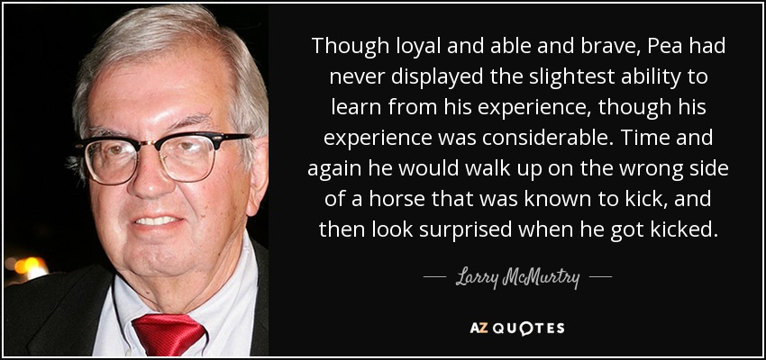 Though loyal and able and brave, Pea had never displayed the slightest ability to learn from his experience, though his experience was considerable. Time and again he would walk up on the wrong side of a horse that was known to kick, and then look surprised when he got kicked. - Larry McMurtry