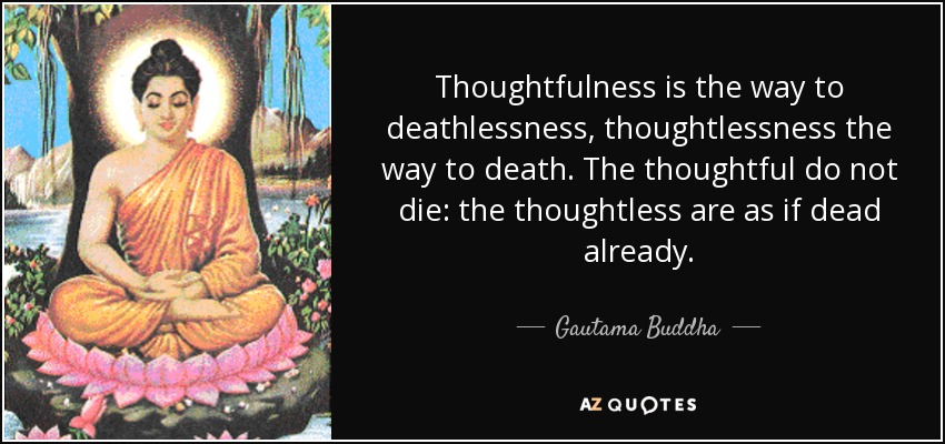 Thoughtfulness is the way to deathlessness, thoughtlessness the way to death. The thoughtful do not die: the thoughtless are as if dead already. - Gautama Buddha
