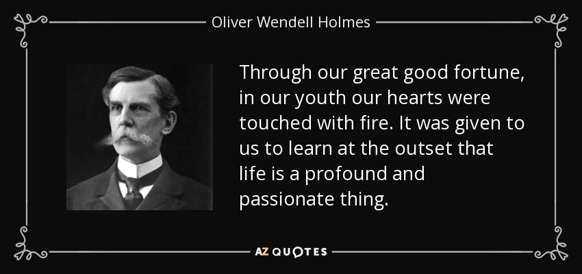 Through our great good fortune, in our youth our hearts were touched with fire. It was given to us to learn at the outset that life is a profound and passionate thing. - Oliver Wendell Holmes, Jr.