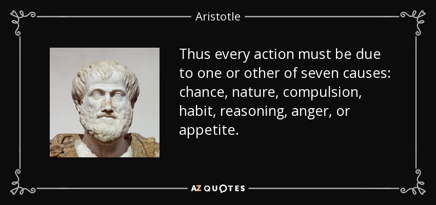 Thus every action must be due to one or other of seven causes: chance, nature, compulsion, habit, reasoning, anger, or appetite. - Aristotle