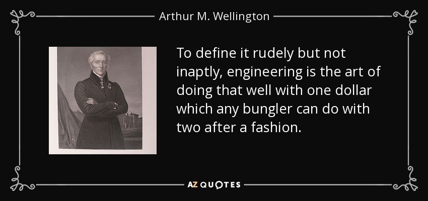 To define it rudely but not inaptly, engineering is the art of doing that well with one dollar which any bungler can do with two after a fashion. - Arthur M. Wellington