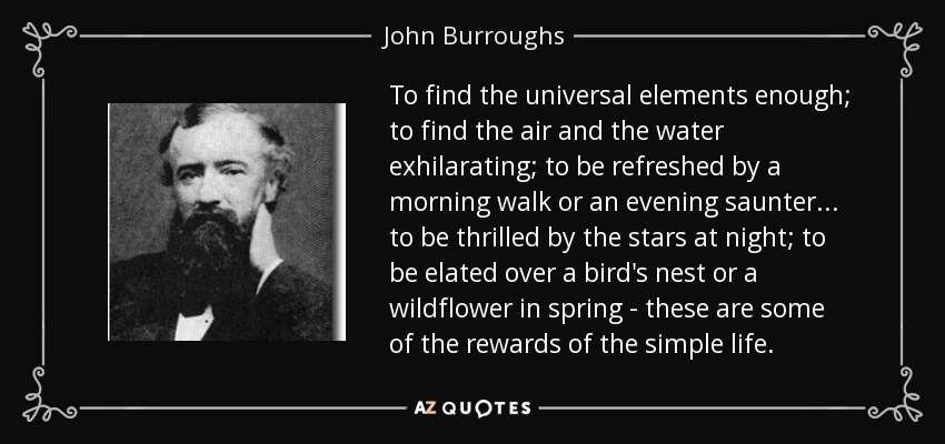 To find the universal elements enough; to find the air and the water exhilarating; to be refreshed by a morning walk or an evening saunter... to be thrilled by the stars at night; to be elated over a bird's nest or a wildflower in spring - these are some of the rewards of the simple life. - John Burroughs