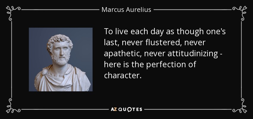 To live each day as though one's last, never flustered, never apathetic, never attitudinizing - here is the perfection of character. - Marcus Aurelius