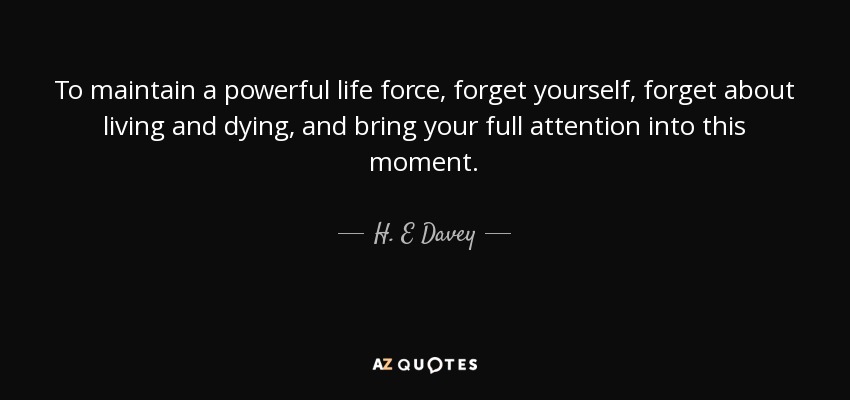 To maintain a powerful life force, forget yourself, forget about living and dying, and bring your full attention into this moment. - H. E Davey