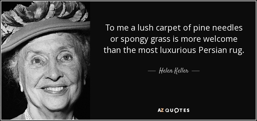 To me a lush carpet of pine needles or spongy grass is more welcome than the most luxurious Persian rug. - Helen Keller