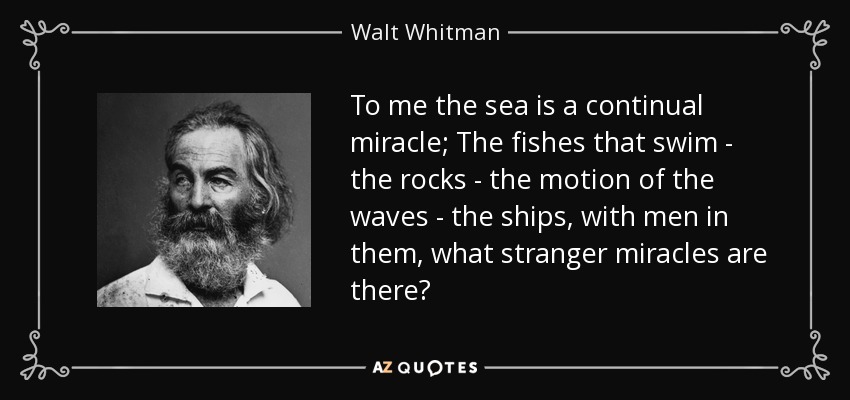 To me the sea is a continual miracle; The fishes that swim - the rocks - the motion of the waves - the ships, with men in them, what stranger miracles are there? - Walt Whitman