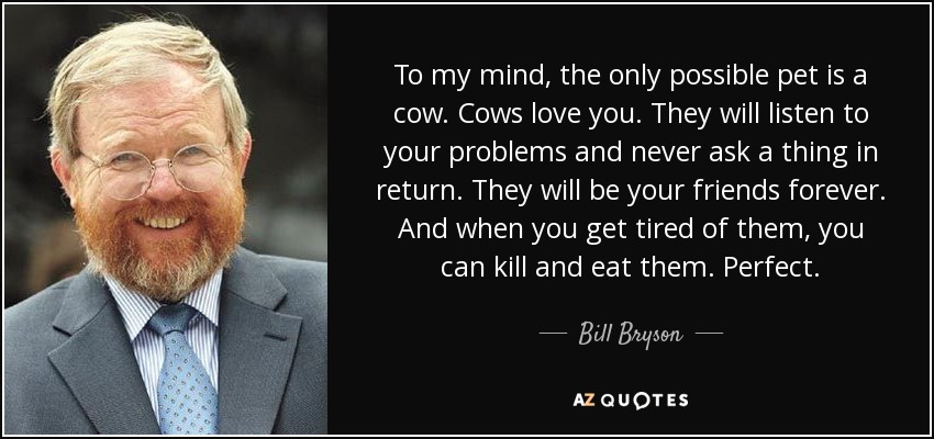To my mind, the only possible pet is a cow. Cows love you. They will listen to your problems and never ask a thing in return. They will be your friends forever. And when you get tired of them, you can kill and eat them. Perfect. - Bill Bryson