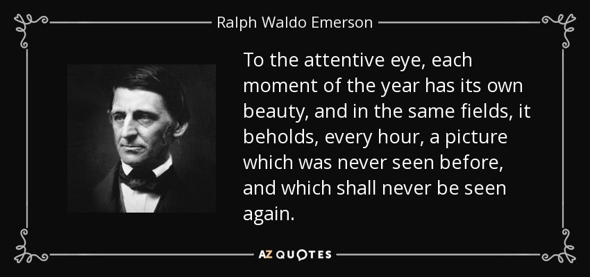 To the attentive eye, each moment of the year has its own beauty, and in the same fields, it beholds, every hour, a picture which was never seen before, and which shall never be seen again. - Ralph Waldo Emerson