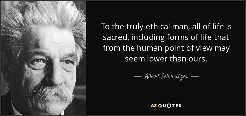 To the truly ethical man, all of life is sacred, including forms of life that from the human point of view may seem lower than ours. - Albert Schweitzer