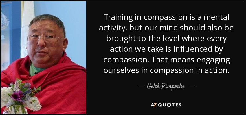 Training in compassion is a mental activity. but our mind should also be brought to the level where every action we take is influenced by compassion. That means engaging ourselves in compassion in action. - Gelek Rimpoche