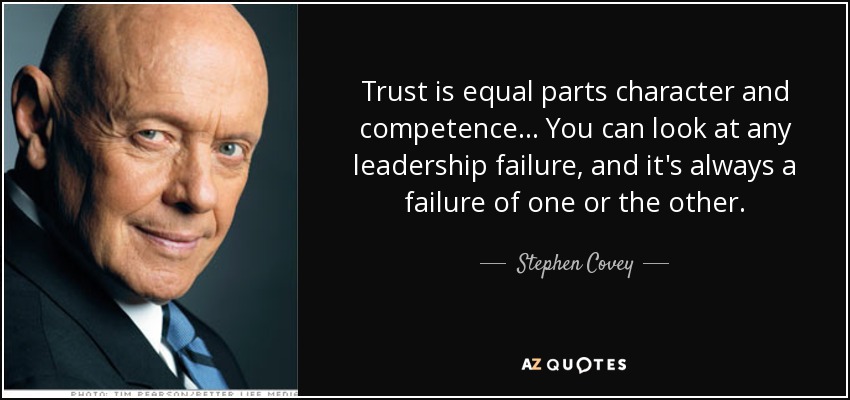 Trust is equal parts character and competence... You can look at any leadership failure, and it's always a failure of one or the other. - Stephen Covey