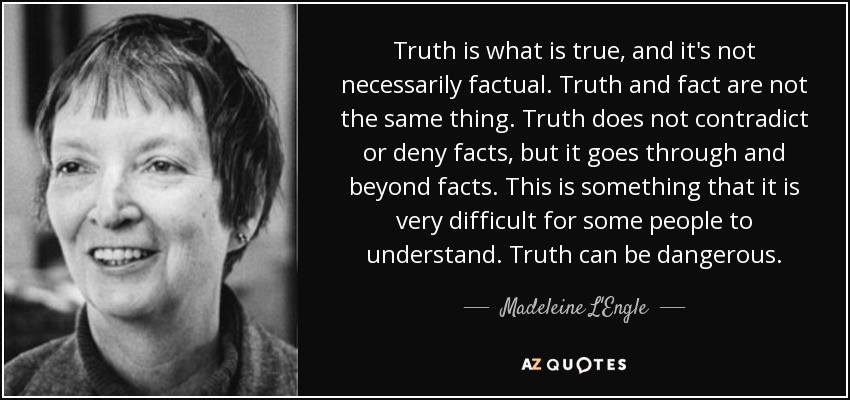 Truth is what is true, and it's not necessarily factual. Truth and fact are not the same thing. Truth does not contradict or deny facts, but it goes through and beyond facts. This is something that it is very difficult for some people to understand. Truth can be dangerous. - Madeleine L'Engle