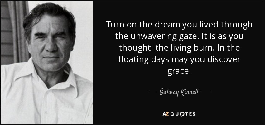 Turn on the dream you lived through the unwavering gaze. It is as you thought: the living burn. In the floating days may you discover grace. - Galway Kinnell