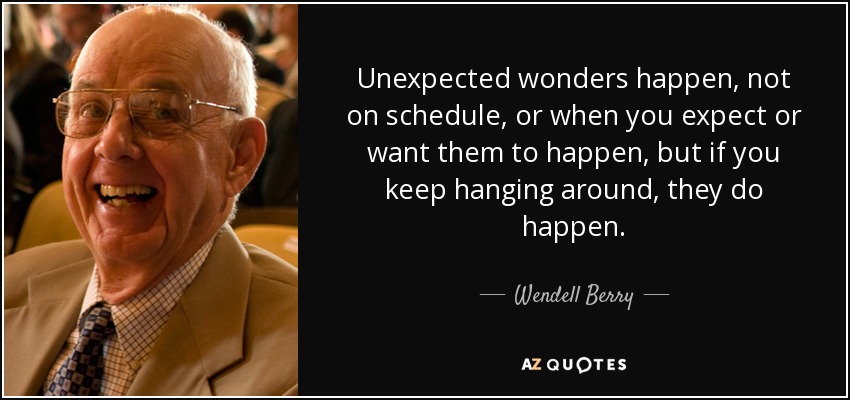 Unexpected wonders happen, not on schedule, or when you expect or want them to happen, but if you keep hanging around, they do happen. - Wendell Berry